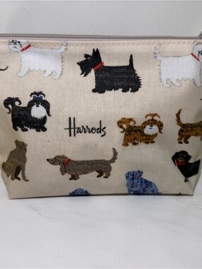 Harrods Beige Dog Print Cosmetic Pouch with Multicolor Dogs